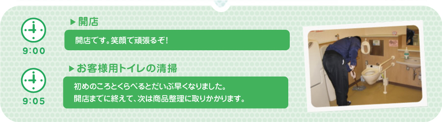 【9:00】▶開店　開店です。笑顔で頑張るぞ！／【9:05】▶お客様用トイレの清掃　初めのころとくらべるとだいぶ早くなりました。開店までに終えて、次は商品整理に取りかかります。